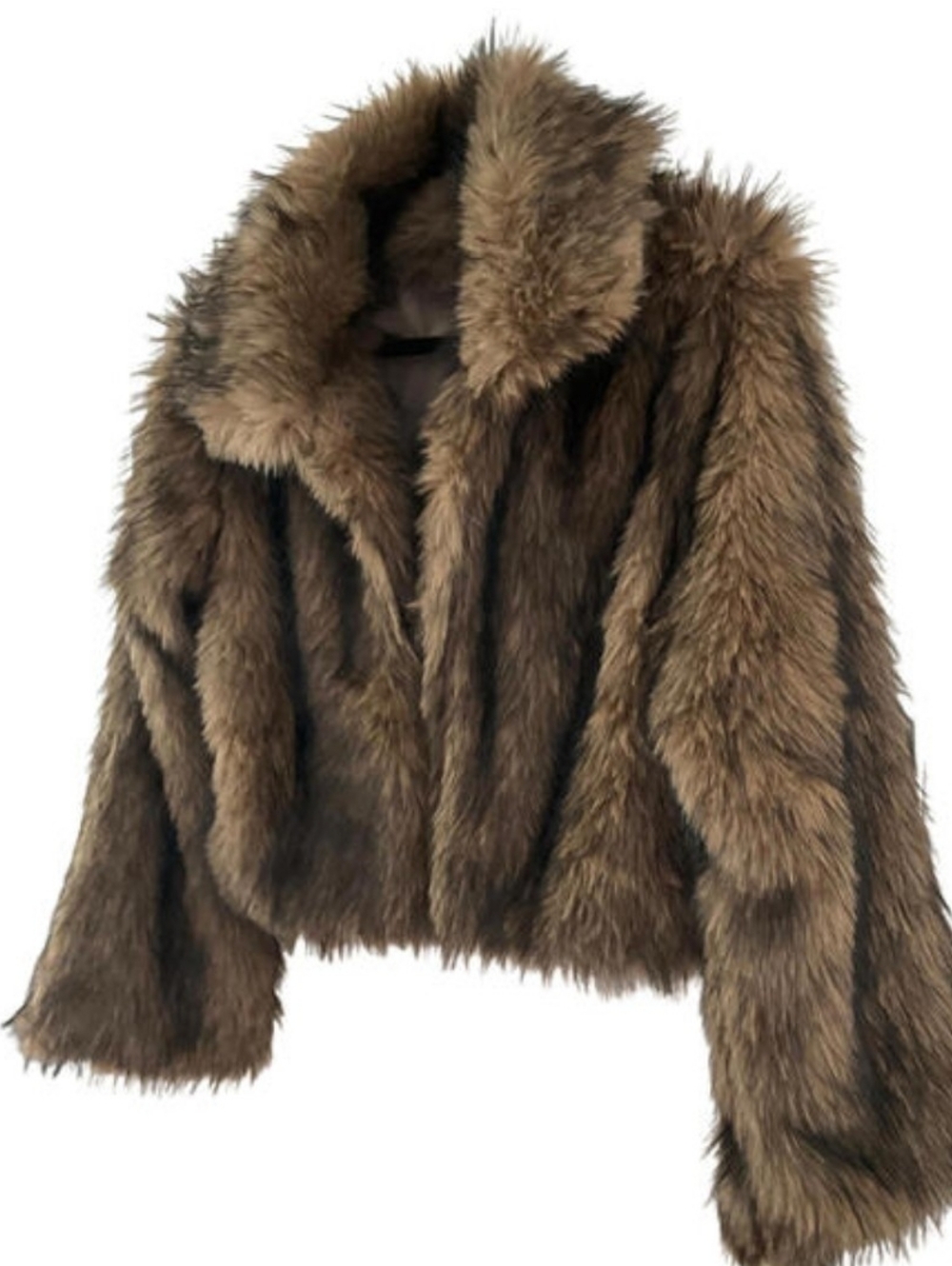 NWT Luxury Sz M Brown Cropped Faux Fur Coat Chic IT Girl Street Style Glam Vibe - Picture 7 of 9